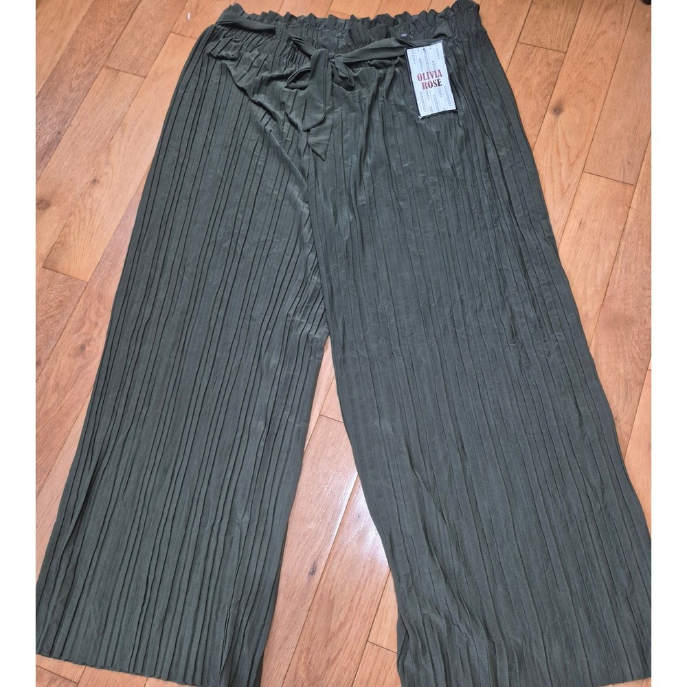 Olivia Rose Olive Green Pleated Wide Leg Paperbag Waist Pants B508X Plus Size 3X